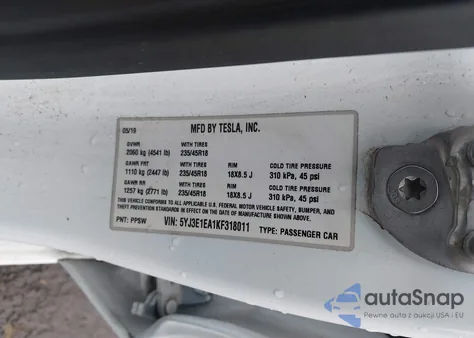 2019 Tesla Model 3 Long Range/Mid Range/Standard Range/Standard Range Plus from USA, damaged, VIN 5YJ3E1EA1KF318011